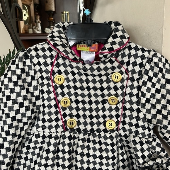 Brand New Penelope Mack Zip Up Pea Coat Black White Checkered Jacket & Hat - Picture 2 of 15